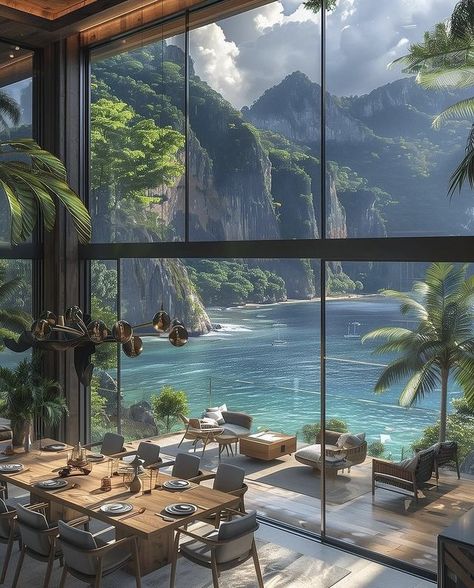 Mansion Beach House Luxury, House With Beautiful View, Houses With Views, House By Ocean, Dream Beach Houses The Ocean, Modern House In Nature, Island Life House, House On Ocean, House Ocean View