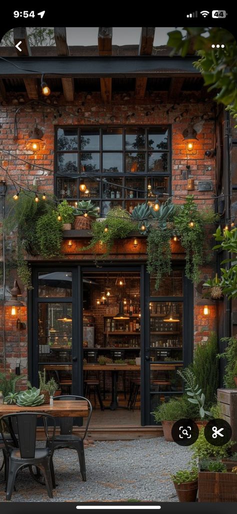 Coffee Shop Store Fronts, Bakery Entrance Design, Industrial Restaurant Design Exterior, Rustic Cafe Exterior, Vintage Restaurant Exterior, Industrial Cafe Exterior, Industrial Cafe Interior Design Coffee Shop, Cottagecore Coffee Shop, Cafe Entrance Design