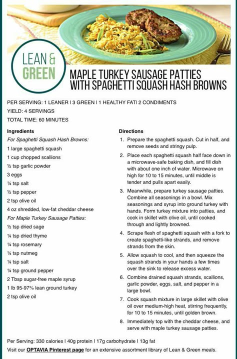 Spaghetti Squash Hashbrowns, Optiva Diet, Turkey Sausage Patties, Maple Turkey, Medifast Recipes, Optavia Lean And Green, Lean Protein Meals, Green Breakfast, Sausage Patties