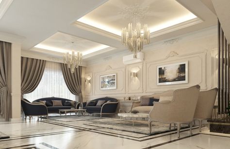 Semi Classic Villa Reception with a Guest Toilet. on Behance Semi Classic Interior, Lobby Entrance Design, Semi Classic Furniture, Luxury Villa Design, Sitting Room Design, Interior Design Dubai, Stunning Interior Design, Modern Home Interior Design, Interior Design Work