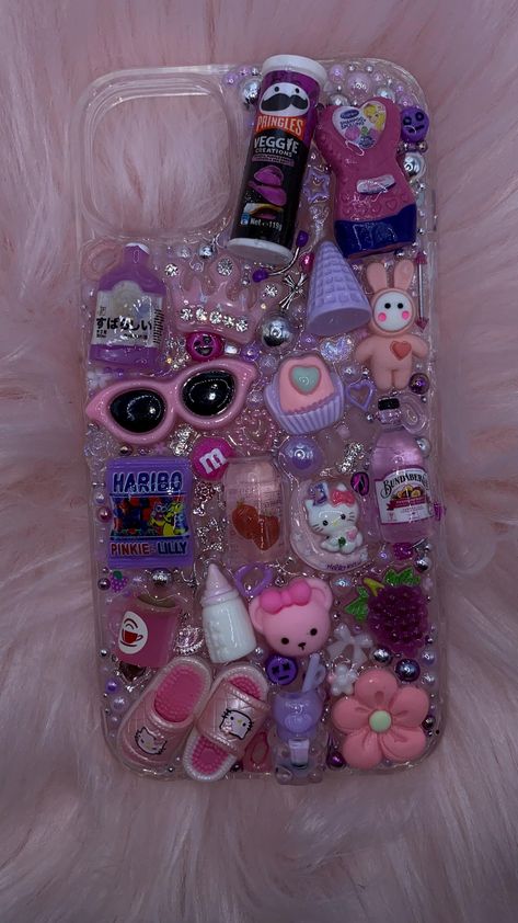 iphone 14 plus junk case ready to ship pink& purple theme *one in stock for listed phone model* **if you would like a recreation of this case for a different phone model, please purchase a recreation case with your phone model in the description and send me a message with the reference photo/listing** Purple Junk Case, Junk Phone Case Pink, Decora Phone Case, Iphone 15 Plus, Junk Phone Case, Phone Decoration Ideas, Junk Things, Junky Cases, Bling Phone Cases Diy