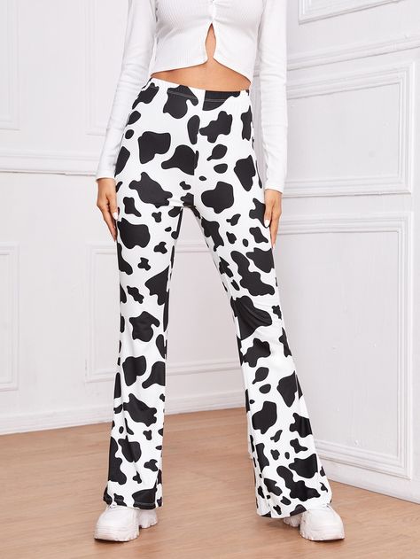 Flare Leg Cow Print Pants | SHEIN USA Printed Flare Pants, Flare Leg Pants, Flare Trousers, Flare Leggings, Printed Pants, Cow Print, Dalmatian, Flare Pants, High Waisted Pants