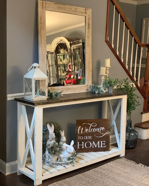 Entry Table Farmhouse Decor, Entry Tables Farmhouse, Rustic Entry Table Decor, Console Table On Wall, Decor Ideas For Entryway Table, Decorating Sofa Tables Entryway, Sofa Table Farmhouse Decor, Entryway Table Ideas Farmhouse, Underneath Console Table Decor