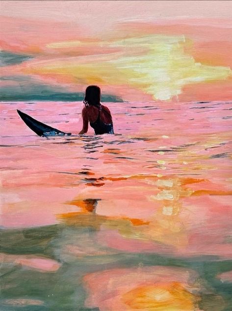 Woman Ocean Art, Surfing Painting Ideas, Surfing Watercolor Paintings, Surf Illustration Art, Nature Painting Inspiration, Beach Theme Painting Ideas, Painting Ideas Detailed, Acrylic Painting Backgrounds Ideas, Surfers Painting