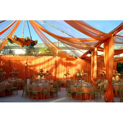 clear tent \\ drapes Burnt Orange Curtains, Orange Drapes, Wedding Tent Decorations, Draping Wedding, Wedding Draping, Shade Tent, Wedding Ceiling, Orange Curtains, Ceiling Draping