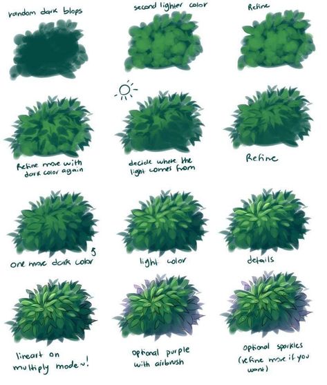 How To Draw Flowers Digital Art, How To Paint A Bush, Flower Bushes Painting, Digital Art Plants, How To Draw A Bush, How To Draw Bushes, Bush Doodle, How To Paint Plants, Bush Digital Art