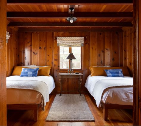 This Charming California Cabin Is All About Warmth and Character | Architectural Digest Maine Cabin Interior, Pine Cabin Interior, 1950s Cabin, Paneled Bedroom, Old Cabin Interior, Pine Cladding, California Cabin, Cabin Hotel, Cabin Makeover