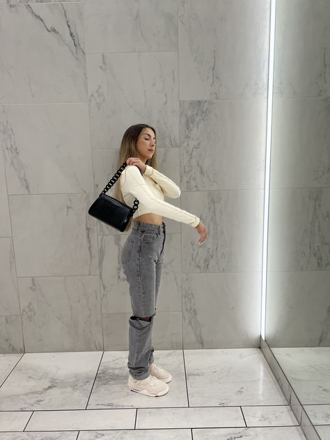 -oh polly top - plt jeans - jordan 4 blanl canvas - bag plt . With marblt background Jordan 4 Canvas Outfit, Jeans With Jordans, Jordan 4 Canvas, Plt Jeans, Day Out Outfit, Jordan Outfits, Body Suit, Jean Outfits, Canvas Bag