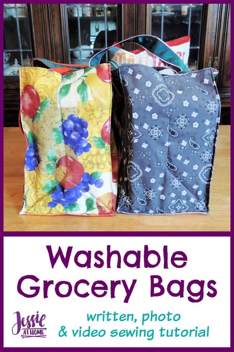 Washable grocery bags are stylish and ecologically sound. Now you can make your own with this awesome sewing tutorial! #FWD #MadeWithFWD #CricutCreated #ReusableShoppingBag #WashableShoppingBag #ReusableGroceryBag #WashableGroceryBag #HowToSewAGroceryBag #HowTo #GroceryBag #ShoppingBag #Sewing #Tutorial #CreateEveryday #Fabric #ForTheLoveOfSewing #LoveToSew #MakersGonnaMake #Sew #SewHappy #SewingAddict #Sewist #Crafts #DIY #JAHSewing #JessieAtHome #JessieRayo Reusable Grocery Bags Pattern, Diy Reusable Grocery Bags, Diy Grocery Bags, Homestead Projects, Grocery Bag Pattern, Grocery Bag Storage, Shopping Bag Pattern, Tote Bag Pattern Free, Bag Tutorials