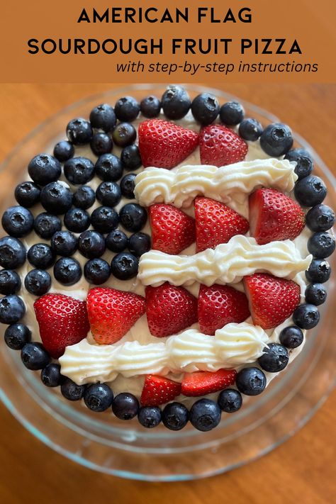 This american flag fruit pizza is perfect for any patriotic celebration. Made with gut healthy ingredients and a homemade sourdough sugar cookie crust, this recipe is one you will make time and time again. Enjoy for 4th of July, memorial day and any celebration you want to make a little more patriotic. Fourth Of July Sourdough, Sourdough Shortcake, American Flag Fruit Pizza, Flag Fruit Pizza, Fruit Pizza Topping, Sourdough Dessert, Sugar Cookie Crust, Discard Recipes, Homemade Recipes Dessert