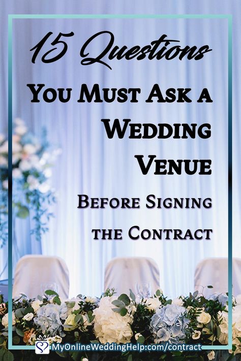 The wedding venue questions are part of a complete wedding venue planning guide. Including what to answer before you look at your first potential venue, 101 questions to ask the venue, and pitfalls to watch for before signing the contract. Especially helpful if you are doing a DIY wedding! Look out for number 100, especially. Read the whole guide on the MyOnlineWeddingHelp.com blog. Wedding Venue Checklist Printable 100 Questions, Questions To Ask Wedding Venues Before Booking, Questions To Ask Your Venue Weddings, Questions To Ask A Venue For A Wedding, Things To Ask Wedding Venues, Wedding Venue Contract, What To Ask Wedding Venues, Wedding Venue Questions To Ask, Questions To Ask Wedding Venues