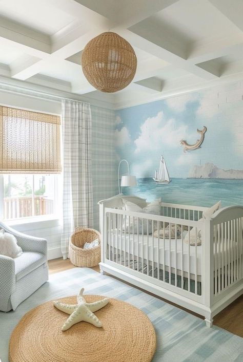 Ocean Inspired Nursery, Ocean Nursery Ideas, Beach Nursery Theme, Girl Nursery Ideas Themes, Coastal Baby Room, Ocean Baby Room, Ocean Baby Nursery, Ocean Nursery Theme, Beach Baby Rooms