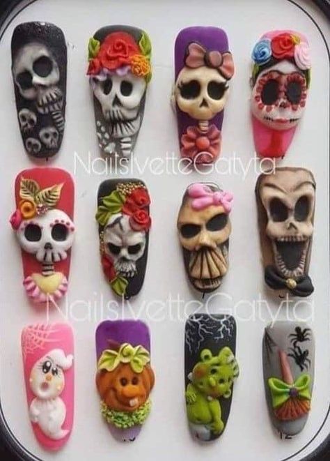 Halloween 3d Nail Art, Catrina Nails Design, Halloween 3d Nails, Uñas Halloween 3d, Halloween Nails 3d, Catrina Nails, 3d Halloween Nails, 4d Nail Art, Beach Nails Art