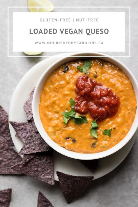 A vegan loaded queso dip that's packed with vegetables! This vegan queso is cashew-free and made with a base of potatoes and carrots. | Nourished by Caroline #queso #veganqueso #vegandip #veganrecipes #vegan #veganappetizer #nutfree #glutenfree Queso Recipe With Meat, Loaded Queso Dip, Loaded Queso, Vegan Queso Dip, Vegetarian Dip, Food Sides, Healthy Hummus, Vegan Queso, Spicy Dip