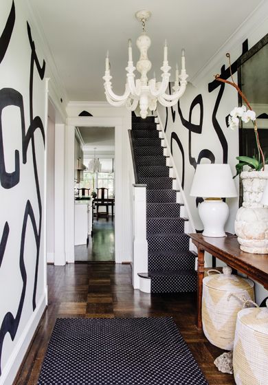 An elegant and bold foyer makes a statement in a classic #Georgetown row home designed by Colman Riddell of @colmanriddellinteriors

Built in 1916, the home is a reflection of the family’s travels around the world mixing textures and materials.

Interior Design: Colman Riddell | @colmanriddellinteriors
Text & Styling: Charlotte Safavi | @stylishproductions 📷: @radifera

#colmanriddellinteriors #design #interiors #interiordesign #dmvdesign #dmvdesigner #chic #antique #boldinteriors #classic Bold Foyer, Bernhardt Sofa, Black And White Living Room Decor, Distressing Painted Wood, Banquette Cushions, Row Home, Frame Wallpaper, Staircase Runner, Built In Banquette