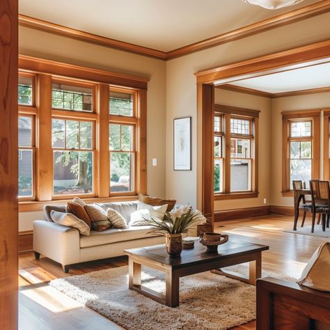 Best Paint Colors to Complement Wood Trim - The Paint Color Project Living Room Woodwork, Living Room Honey Oak Trim, Cherry Oak Trim Living Room, Modern Home With Wood Trim, White Living Room Wood Trim, Beige Walls Wood Floors, How To Decorate With Oak Trim, Wall Color With Oak Trim, Flooring Ideas With Oak Trim