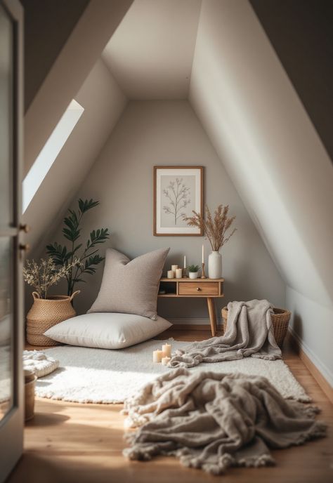 Small attic room ideas Meditation Space Ideas, Small Meditation Space, Small Meditation Room, Small Attic Room Ideas, Attic Inspiration, Meditation Nook, Small Attic Room, Attic Room Ideas, Calming Meditation