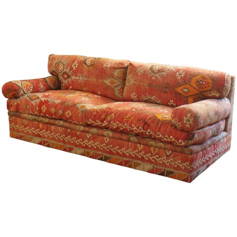 kilim sofa - english - 2oth c - height: 30 in. (76 cm)  depth: 38.5 in. (98 cm)  width/length: 33 in. (84 cm) - ref. : U1211098417412 - via christopher hodsoll ltd - Kilim Furniture, Funky Sofa, 1930s Furniture, Sofa Reupholstery, Kilim Sofa, Sofa Design Ideas, L Shaped Living Room, Boat Pool, Home Decor Themes