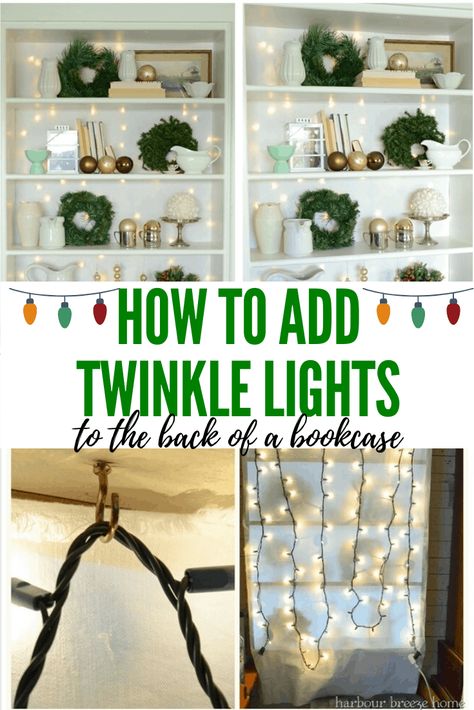 Clever Christmas Bookcase Decorating Idea! Add a twinkle light backdrop to bookcases to add a festive glow. This simple diy decor idea for Christmas adds a special touch to traditional or farmhouse Christmas shelf styling items like wreaths and piles of books.#bookshelves #christmasdecor #diydecor #lights #wreaths #harbourbreezehome Twinkle Light Backdrop, Christmas Shelf Styling, Christmas Bookcase, Bookcase Decorating, Simple Diy Decor, Bookcase Decorating Ideas, Christmas Bookshelf, Natural Wood Decor, Rustic Farmhouse Furniture