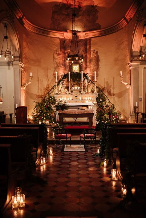 Small Chapel Wedding Aesthetic, Candle Lit Alter, Candlelit Chapel Wedding, Small Italian Chapel Wedding, Candle Lit Ceremony Aisle, Wedding Venue Ideas Church, Candle Decor Wedding Ceremony, Candle Lit Wedding Ceremony Outdoor, Candle Lit Isle Wedding