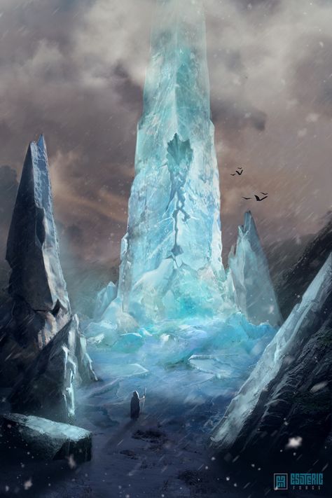 Ice Obelisk, Jelena Pjevic on ArtStation at https://www.artstation.com/artwork/GA1WN Ice Kingdom Fantasy Art, Ice Forest, Curse Of Strahd, Ice Magic, Fantasy World Map, Ice Art, The Curse, Fantasy Setting, Fantasy Places