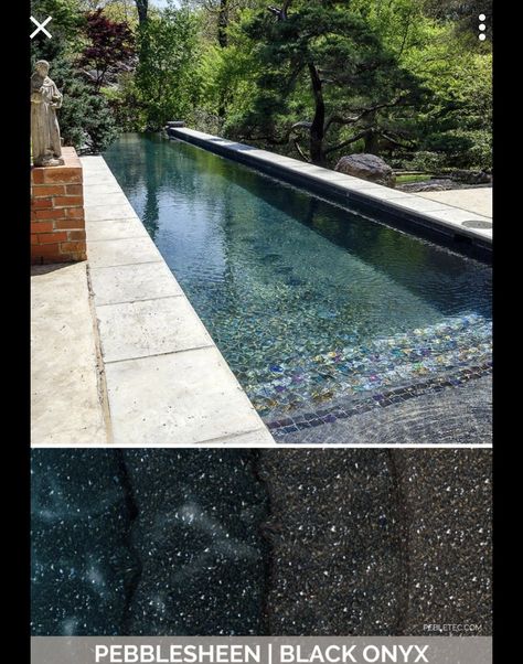 Black Onyx Pebble Sheen Pool, Dark Swimming Pools, Dark Blue Pool Color, Pebbletec Pool Colors, Dark Pool Liner, Black Pools Swimming, Dark Pool Tile, Dark Pool Aesthetic, Dark Bottom Pool