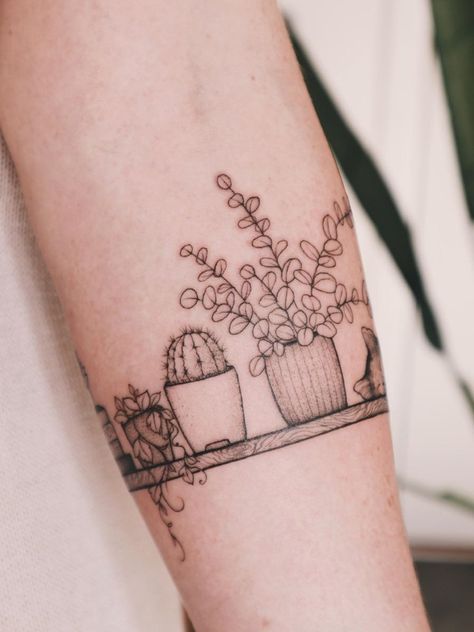 Linework Plant Tattoo, Plant Shelf Tattoo, Keep Growing Tattoo, House Tattoo Minimalist, Hanging Plant Tattoo, Plant Tattoos For Women, House Plant Tattoo, Shelf Tattoo, House Tattoos