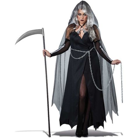 Lady Grim Reaper Plus Size Womens Costume ($45) ❤ liked on Polyvore featuring costumes, halloween costumes, sexy women costumes, sexy plus size costume, adult plus size halloween costumes, sexy ghost costume and sexy plus size halloween costumes Lady Reaper, Grim Reaper Costume, Halloween Costumes For Sale, Demon Costume, Reaper Costume, Plus Size Costume, California Costumes, Plus Size Halloween Costume, Plus Size Costumes