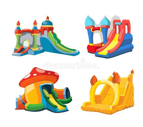 Vector illustration of inflatable castles and children hills on playground vector illustration Playground Illustration, Playground Pictures, Funny Cartoon Faces, Vintage Storybook, Kids Teddy Bear, Bear Vector, Paper Furniture, Logo Cartoon, Inflatable Slide