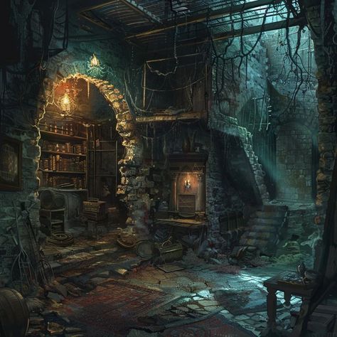 Need a dark adventure? Here are 5 images to help get your mind going! A bloodthirsty noble, an occult collector, a secret library, a vengeful ghost, and a temporal entity. #dndart #bladesinthedark #midjourney #aiart #fantasyart Dnd Dungeon Art, Dungeon Fantasy Art, Dark Fantasy Inspiration, Dark Fantasy Environment, Dnd World, Library Dark, Environment Illustration, Gothic Library, Secret Library