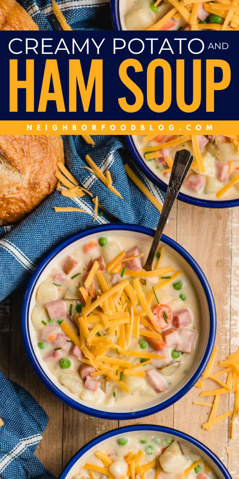 Warm you from the inside out with this delicious soup! This Creamy Potato and Ham Soup recipe is loaded with potatoes, ham, and veggies, in a thick, creamy broth. Serve this hearty and easy fall comfort food for cold weather, and add this to your cozy dinner recipe! Food For Cold Weather, Cheesy Ham And Potato Soup, Potato And Ham Soup, Creamy Ham And Potato Soup, Ham Soup Recipes, Ham And Potato Soup, Cheesy Ham, Easy To Cook Meals, Cold Weather Food