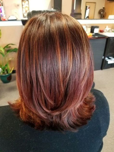 Copper Blonde Lowlights, Dark Red With Copper Highlights, Copper Blonde Highlights On Dark Hair, Dark Auburn Hair Color With Highlights Caramel Red, Dark Copper With Highlights, Brown And Red Lowlights, Strawberry Lowlights, Red And Caramel Highlights On Dark Hair, Copper Lowlights On Brown Hair