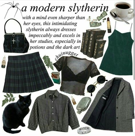 Modern Slytherin - aesthetic Slytherin Aesthetic Outfit, Slytherin Clothes, Slytherin Outfit, Grunge Outfits 90s, Slytherin Fashion, Stile Harry Potter, Hogwarts Outfits, Slytherin Pride, Slytherin Aesthetic