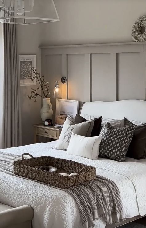 Bedroom Panelling Grey Headboard, Greige Bedroom Panelling, Very Small Double Bedroom Ideas, Old Bone Colourtrend, Shaker Panelling Bedroom, Greige Bedroom Ideas Decor, Stone Coloured Bedroom, Bedroom Panneling, Skimming Stone Bedroom