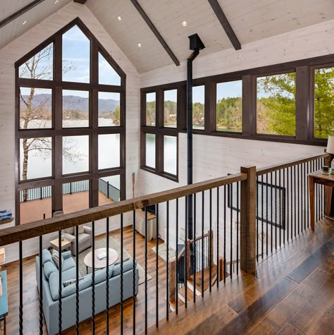 Lake Cherokee Custom Home | Clemson Lake House With Big Windows, Lake House Building Ideas, Chalet Addition Ideas, Chalet Lake House, Lake House Loft Ideas, Lake House Bungalow, Lake House Makeover, Lake House With Loft, 2 Story Lake House