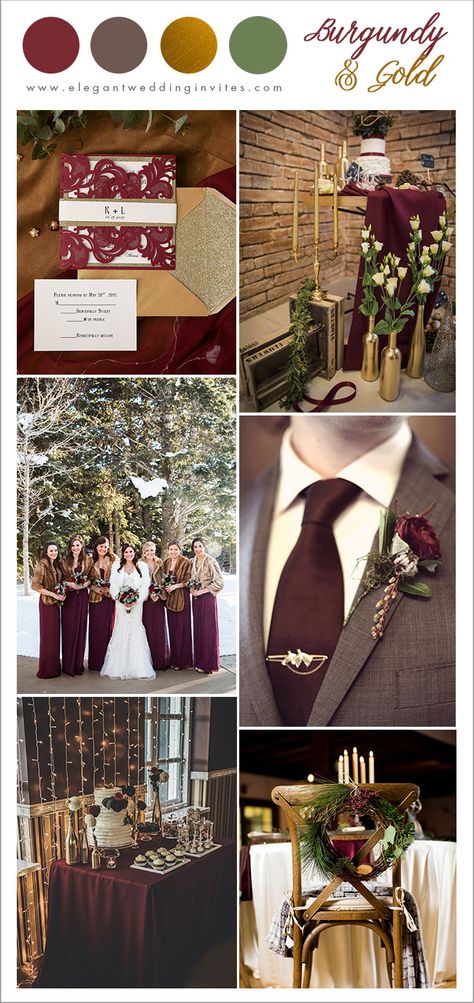 classic burgundy, brown and gold winter wedding color combos December Wedding Colors, Burgundy And Gold Wedding, Gold Winter Wedding, Purple Centerpieces, Gold Wedding Colors, Wedding Color Combos, Winter Wedding Colors, Wedding Themes Winter, November Wedding