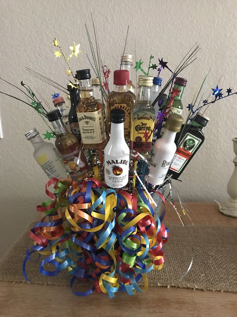 Booze Bucket Ideas, Alcohol Gift Basket Christmas, Booze Bouquet Mini Liquor Bottles, Booze Basket Ideas Fun, Liquor Tower, Mini Alcohol Bouquet, Huddle Board, Dollar Gifts, Booze Bouquet