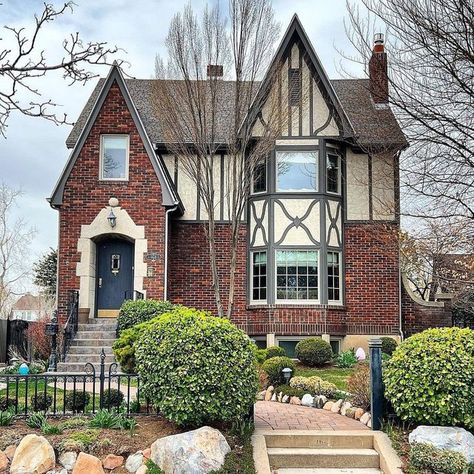 @archi_ologie on Instagram: "“Why not?” Wednesday feature 💕 Adorable, classic, timeless and storybook. 🤩 Thanks for tagging #archi_ologie Posted @withregram • @lovelyoldhomes Tudor Tuesday 1929 English Tudor with striated brick and half timbering. #tudortuesday #tudor #tudorhouse #tudorlove #englishcottage #archi #englishcottagestyle #yalecresthistoricdistrict #yalecrest #saltlakecity #slc #beaUtahful #housestalker #historicpreservation #unpaintedbrick #utah" Brick Tudor, Tudor House Exterior, Older Homes, Orange Brick, Tudor Style Homes, English Tudor, English Cottage Style, Tudor House, Tudor Style