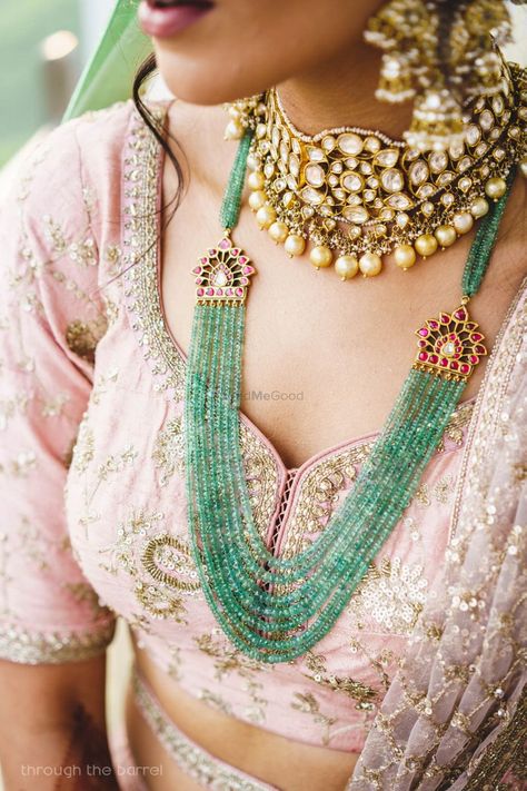 Photo of Sweetheart neckline green bead necklace Pink Bridal Lehenga, Bridal Necklaces, Pearls Jewellery, Delhi Wedding, Lehenga Blouse Designs, Bridal Choker, Instagram Jewelry, Beaded Necklace Designs, Bridal Fashion Jewelry