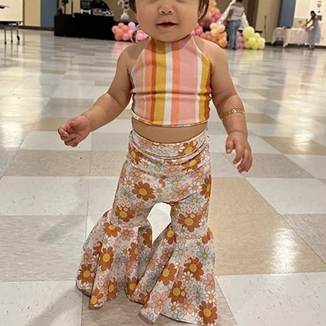 Toddler Baby Girl Summer Clothes Sleeveless Halter Crop Tank Top Graphic Print Bell Buttoms Pants Set Cute Boho Outfit Boho Baby Girl Clothes, Toddler Bell Bottoms, Baby Bell Bottoms, Bell Bottoms Outfit, Tank Top Graphic, Summer Goddess, Boho Baby Girl, Toddler Wearing, Boho Outfit