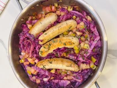 Chicken Sausage with Apples, Sage and Cabbage Recipe | Jeff Mauro | Food Network Cabbage And Carrots, Chicken Lickin, Jeff Mauro, The Kitchen Food Network, Cabbage And Sausage, Chicken Apple Sausage, Sage Sausage, Sausage Dishes, Apple Sausage