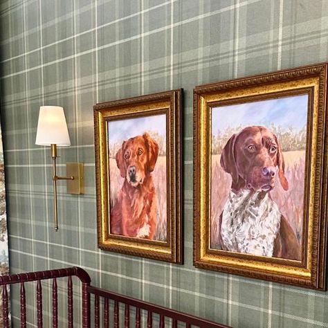 Scottish Themed Nursery, Antique Hunting Nursery, Hunting Lodge Aesthetic, Vintage Country Nursery, Plaid Nursery Boy, Ralph Lauren Baby Nursery, Vintage Dog Nursery, Boy Nursery Hunting Theme, Hunting Dog Nursery