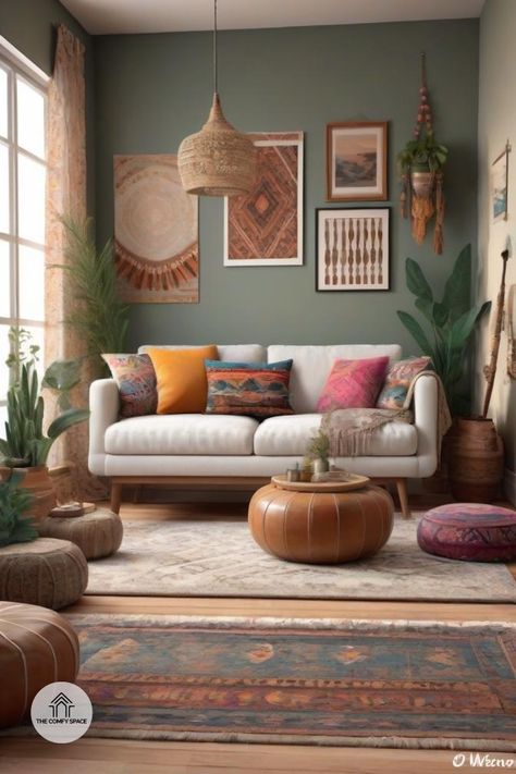 Ever dreamt of a boho paradise in your living room? Dive into our guide to discover budget-friendly tips and creative ideas. Unleash your inner artist with thrift store finds and DIY projects. Mix textures, patterns, and colors to create a cozy, inviting atmosphere. Embrace the boho spirit without breaking the bank! #BohoLiving #BudgetDecor #DIYHome #ThriftFinds #CozyVibes#BohoLiving #BudgetDecor #DIYHome #ThriftFinds #CozyVibes Boho Living Room Palette, Boho Colors Living Room, Boho Rental Apartment, Modern Bohemian Interior Design, Scandanavian Interiors, Modern Boho Living Room Decor, Retro Living Room Decor, Boho Living Room Inspiration, Comfy Space