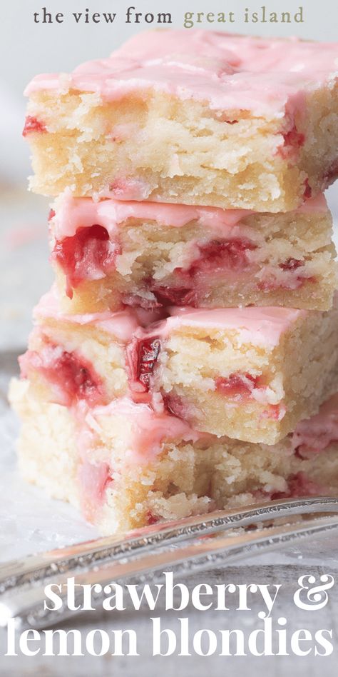 Strawberry Lemon Blondies ~ this easy strawberry dessert is moist and dense, (like soft shortbread) with lots of fresh strawberries and tangy lemon. #easy #recipe #blondies #strawberry #lemon #dessert #baking #best #moist #glazed Strawberry Lemon Blondies, Easy Strawberry Dessert, Lemon Blondies, Easy Strawberry Desserts, Tiramisu Cupcakes, Oreo Desserts, Smores Dessert, Bbq Desserts, Diy Dessert