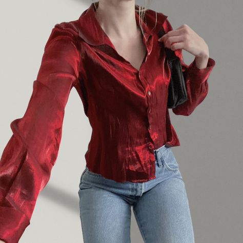 Lace Shirt Outfit Aesthetic, Cool Red Outfits, Dark Red Outfit Casual, Red Winter Outfits, Red Blouse Outfit, Red Outfit Aesthetic, Lace Shirt Outfit, Red Lace Shirt, Shimmer Blouse