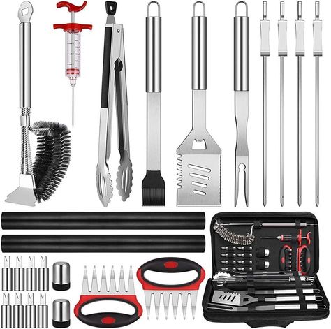 Grill Accessories BBQ Grilling Set: 25Pcs Heavy Duty Smoker Barbecue Tools Kit Fork Spatula Utensils Sturdy Professional Grilling Equipment for Man Dad Father Husband Outdoor Grilltool Barbecuing Meat Injector, Camping Backyard, Grilling Accessories, Kabob Skewers, Grill Mat, Grill Tools, Grilling Utensils, Grill Brush, Stainless Steel Bbq