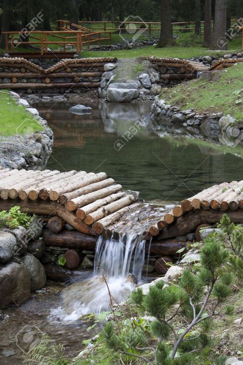 small dams of wood on a mountain stream Stock Photo - 15085908 Water Dam, Natural Swimming Ponds, Highlights For Brunettes, Summer Hair Highlights, Swimming Pond, Backyard Water Feature, Color For Brunettes, Hair Color For Brunettes, Pond Design