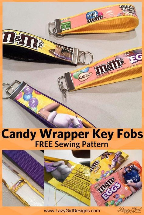 Make these cute, quick, and easy candy wrapper gifts. Go ahead and eat the candy, then use the candy bag to make these craft key fobs. Laminate the candy wrappers with iron-on vinyl. Free DIY sewing tutorial. Great for quick gifts. Add to backpack or purse, hold spare keys. #LazyGirlDesigns #KeyFob #LazyGirlInterfacing #QuickGifts #DIY #Recycle #Upcycle #DIYproject #Sewing #SewingHardware #CandyWrapper #CandyWrapperCrafts Key Fobs Diy, Lazy Girl Designs, Easy Candy, Diy Key, Diy Sewing Tutorials, Bag Sewing Pattern, Candy Wrapper, Diy Jewelry Inspiration, Key Fobs Wristlet