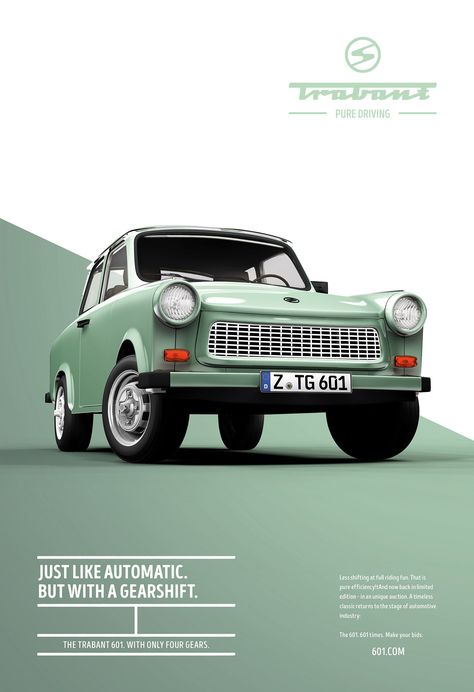 Trabant 601: Pure driving. Advertising Agency: Institute of Design, Düsseldorf, Germany. Car Advertising Design, Catalogue Design, Auto Poster, Graphisches Design, Publicidad Creativa, Design Presentation, Poster Ads, Dusseldorf, East Germany