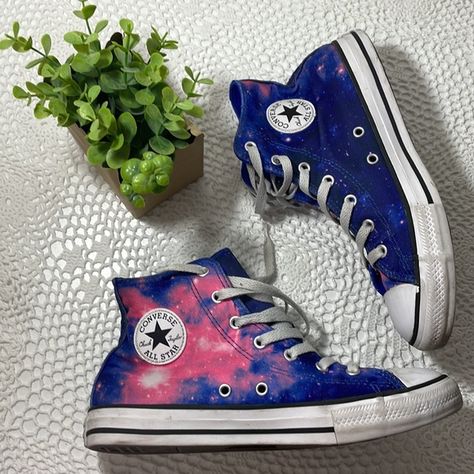 Converse AllStars Galaxy high tops junior US 5, ladies 8 Converse Allstars, Galaxy Converse, Worn Converse, Converse All Stars, Galaxy Print, Converse All Star, Chuck Taylor Sneakers, Converse High Top Sneaker, Converse Chuck Taylor High Top Sneaker